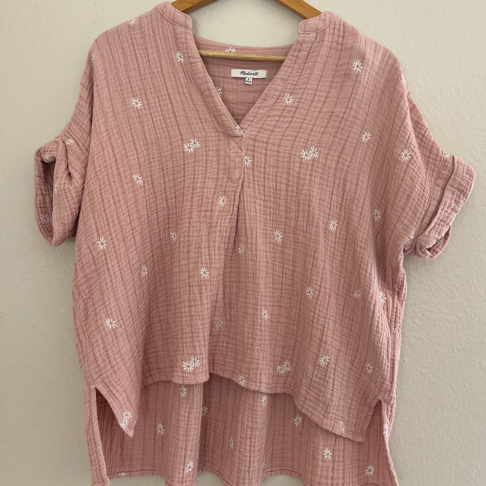 Madewell | Blush Pink Daisy Embroidered Lakeline Popver Top Women's Size S